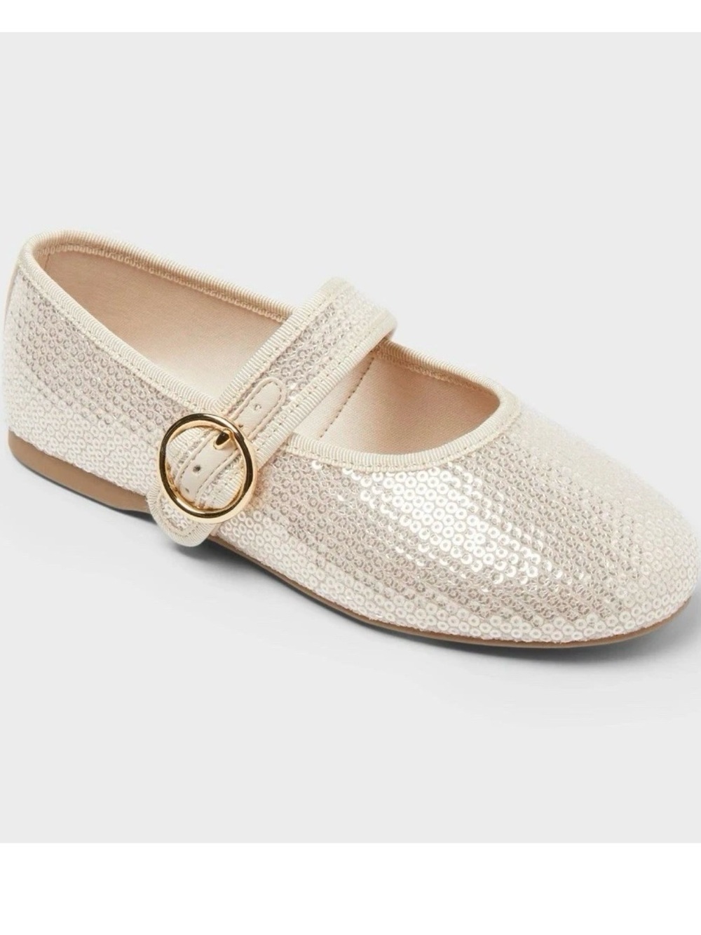 Cat & Jack Girls Cream Sequin Mary Jane with Gold Buckle Accent b99se